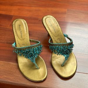 Beverly Feldman turquoise beaded sandals